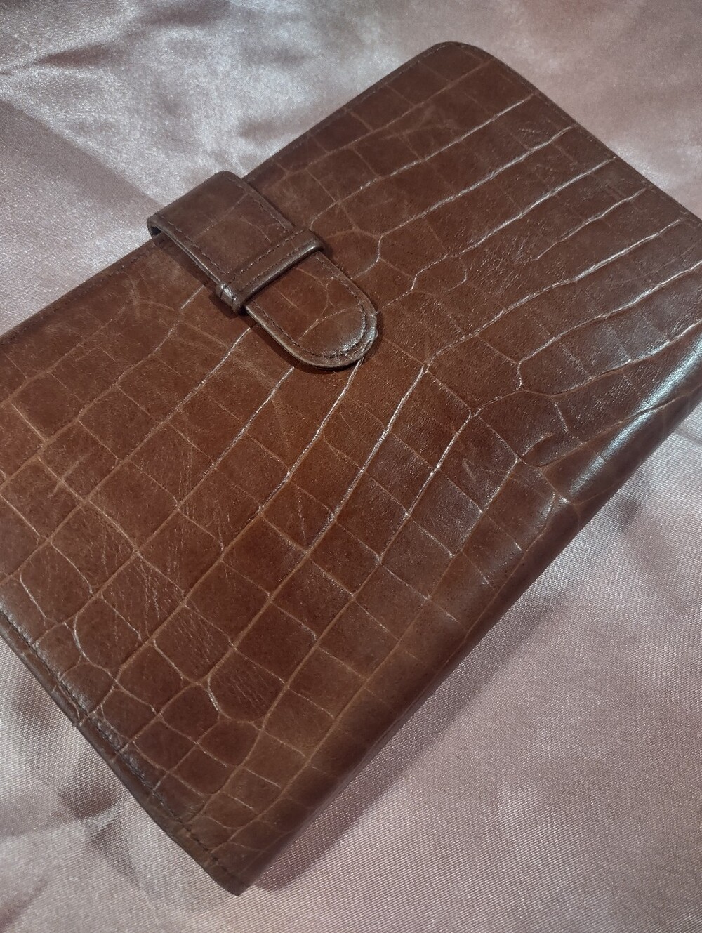 Brown Calfskin Mock Croc Embossed Leather Wallet Clutch